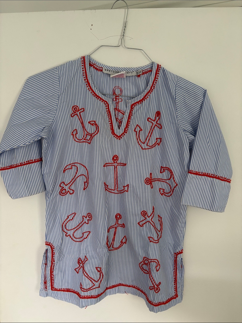 Gretchen Scott Kids seersucker Striped Anchor Top or cover upwith size 6-8
